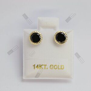 14K Solid Gold Round Black CZ Stud Earrings • 6mm Feminine & Elegant Design.